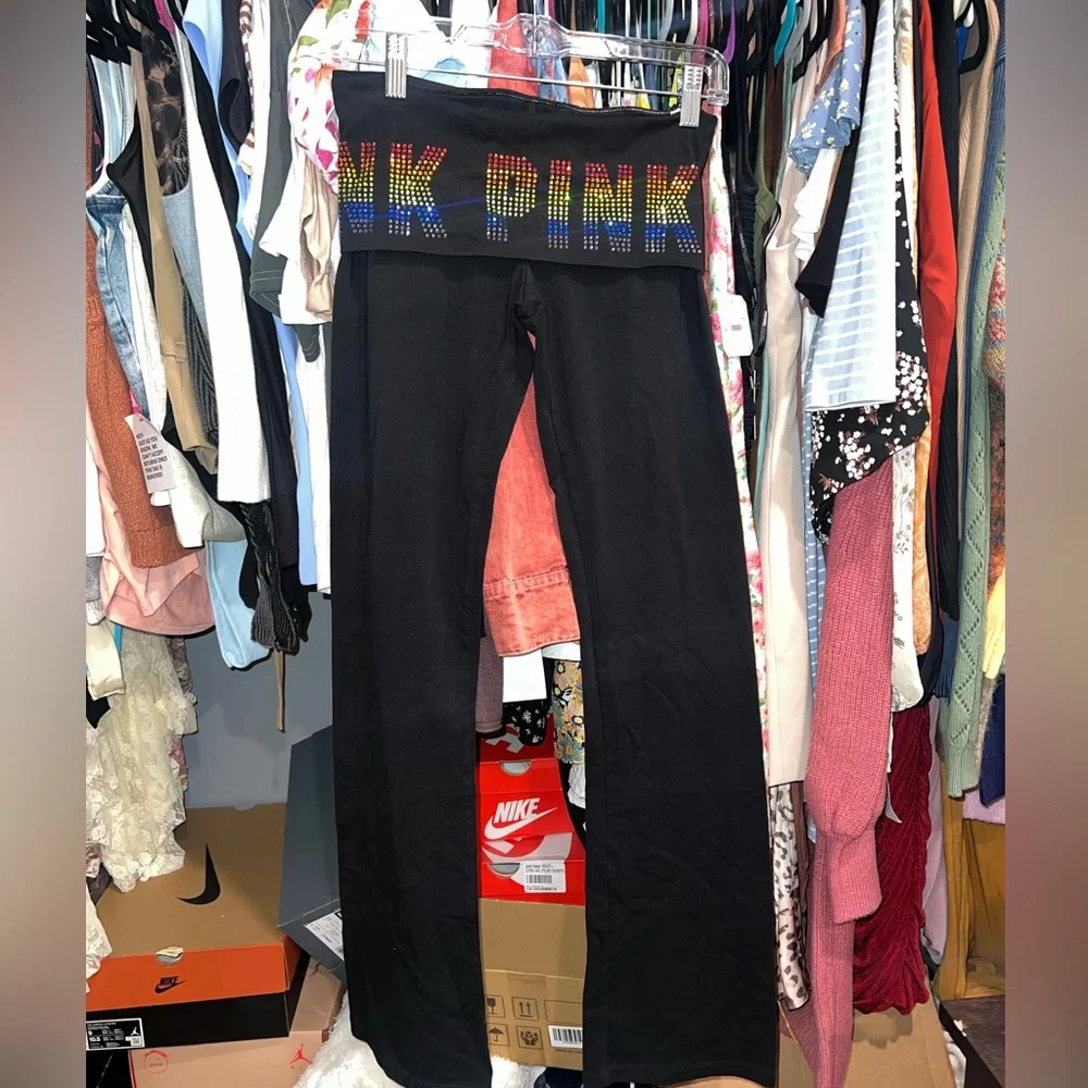 NWOT PINK Victoria's Secret Black Leggings with Colorful Logo - Picture 1 of 5